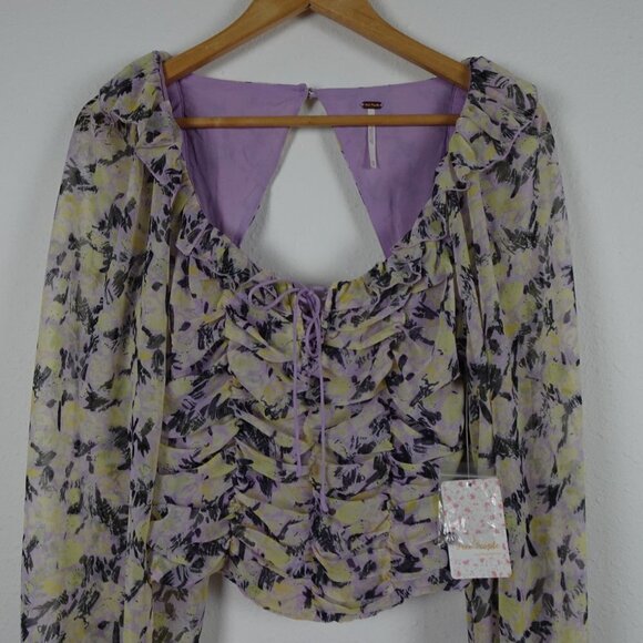 Free People Mabel Printed Blouse Top Women's XS Purple Yellow Open Back - Picture 4 of 16
